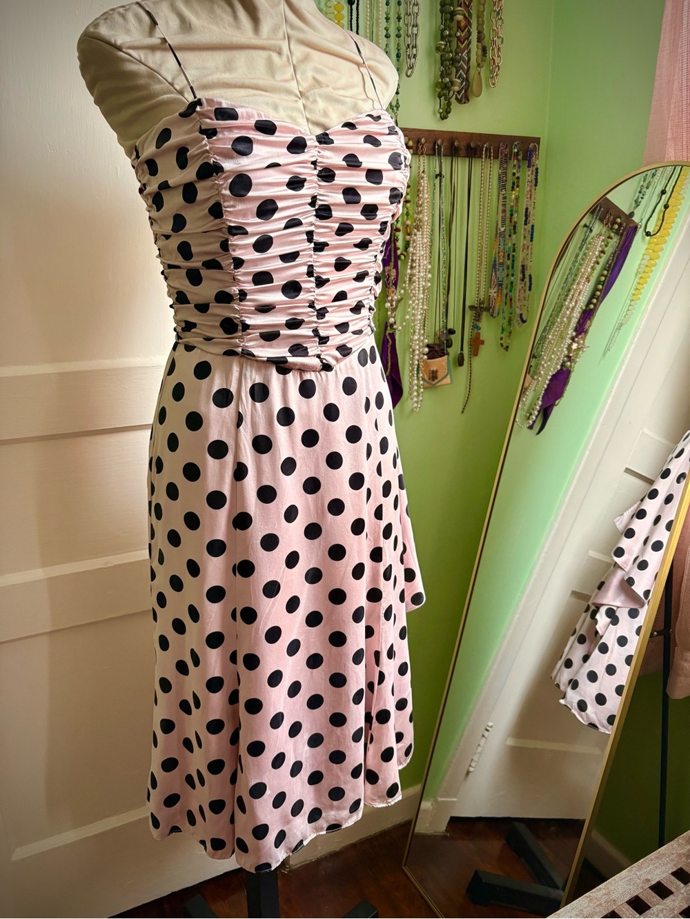 Vintage Laundry By Shelli Segal Silk Pink and Black Polka Dot Midi Dress